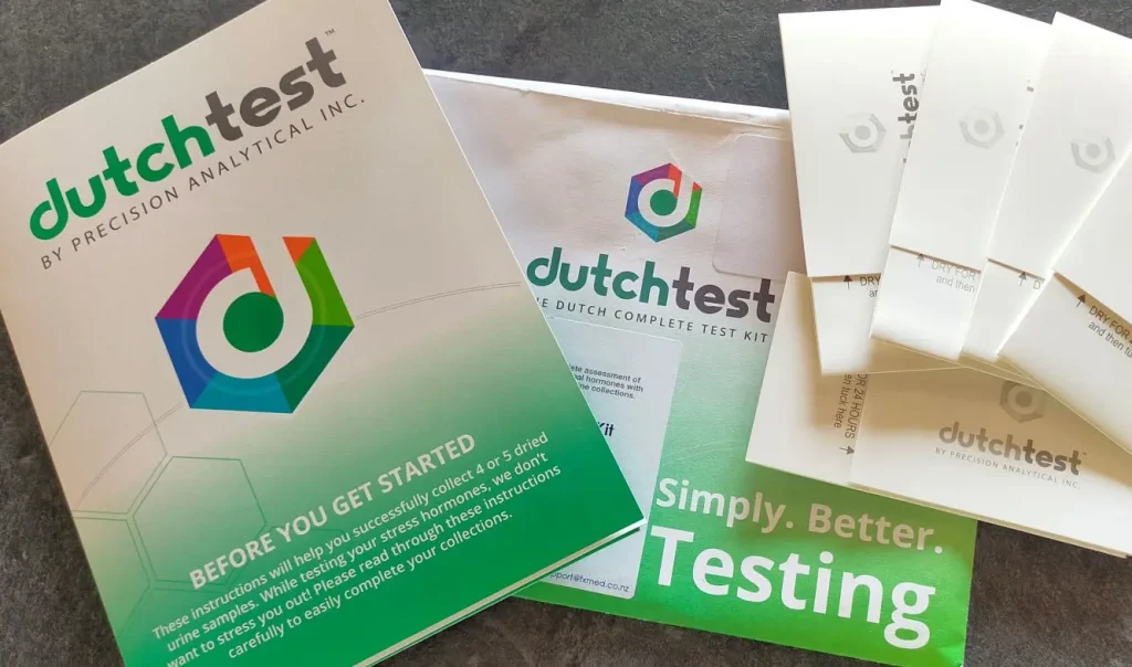 Dutch Test kit for hormone analysis by Dutch Test with testing supplies and instructions.