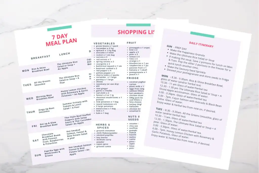 Healthy 7-day meal plan with breakfast, lunch, dinner, and snacks for hormone balance.